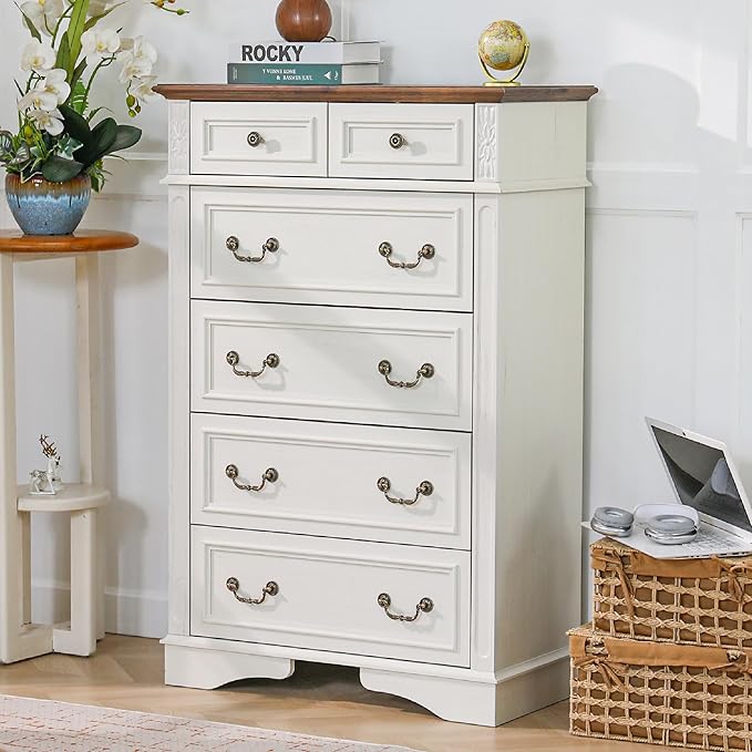 Dresser for Bedroom, 6 Drawers 48" Tall Dresser for Storage and Organization, White Farmhouse Chest of Drawers for Living Room, Closet, Hallway