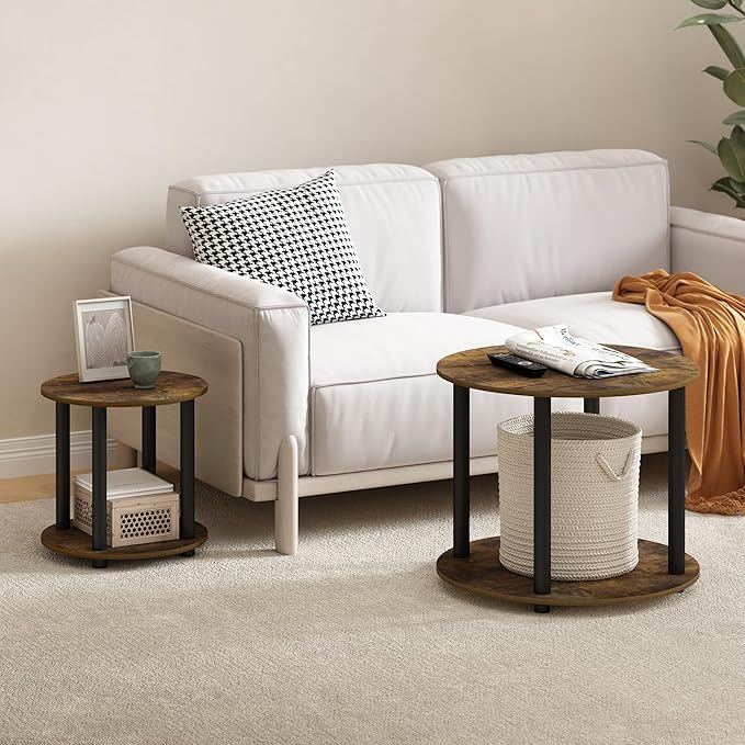 Furinno Turn-N-Tube Simple Design 2-Tier Round Wooden Small Coffee Table, Amber Pine