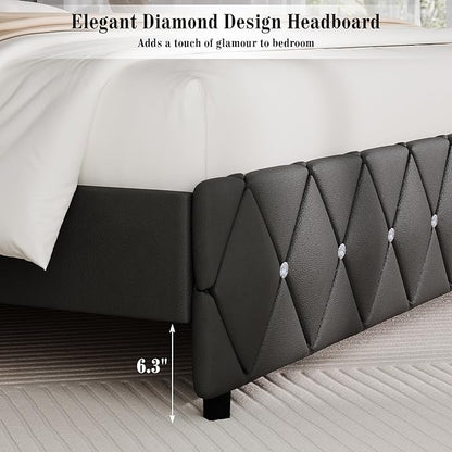 BarnFurin Twin Bed Frame with Diamond Tufted Headboard, Faux Leather Upholstered Bed with Wooden Slats Support, No Box Spring Needed, Mattress Foundation, Easy Assembly, Grey