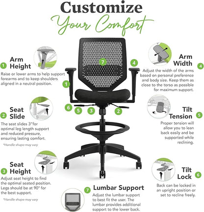 HON Solve Standing Desk Chair with Lumbar Support. ReActiv High Back Support, Ergonomic Office Chair with Foot Rest, Adjustable Height
