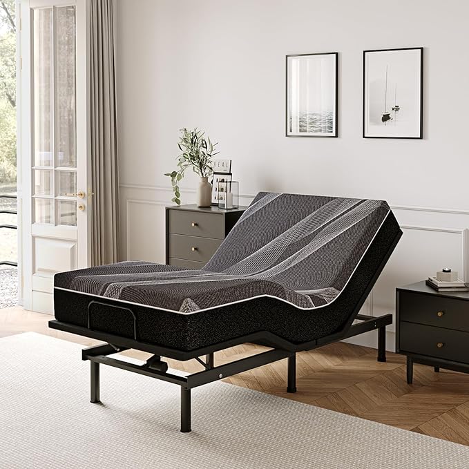 Full Adjustable Bed Base Frame with Wireless Remote + 12 Inch Full Gel Memory Foam Mattress Bed in a Box, Head and Foot Incline, Zero Gravity, Fiberglass Free, 75" × 54"