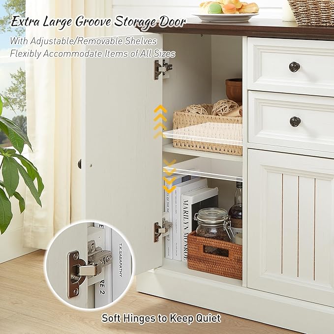 Farmhouse 58" Buffet Cabinet with Storage, 34" Tall Coffee Bar Cabinet w/2 Large Drawers & 4 Grooved Barn Doors, Wood Rustic Sideboard Buffet Cabinet for Dinning Room, Kitchen, Living Room,White