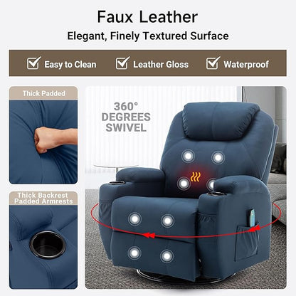 Recliner Chair, Rocking Chair with Heat and Massage, Swivel Recliner Chairs for Adults, Rocker Manual Recliner with Remote Control and Cup Holder for Living Room, Bedroom