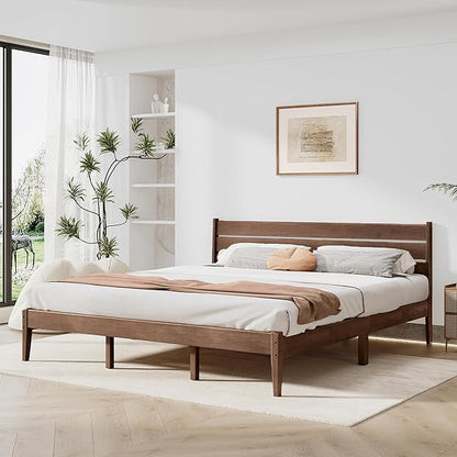 King Bed Frame and Ladder Headboard, Solid Wood Bed Frame with Storage, Malaysian Oak Platform Beds with Wooden Slats, No Box Spring Needed, Easy Assembly, King Size, Antique Espresso