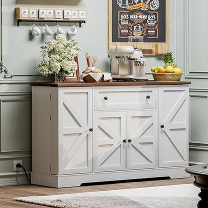 55.1" Buffet Cabinet with Storage, Charging Station, Modern Kitchen Buffet Sideboard with Drawer, White Wood Coffee Bar with Adjustable Shelves & Spice Rack, Kitchen Storage Cabinet for Living Room