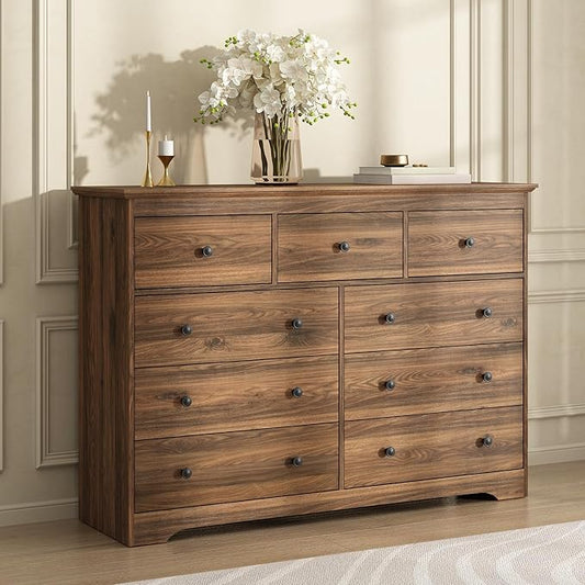 Dresser for Bedroom, 9 Drawer Dresser with Large Drawers, 55 Inch Wide Wood Chest for Living Room, Hallway, Walnut