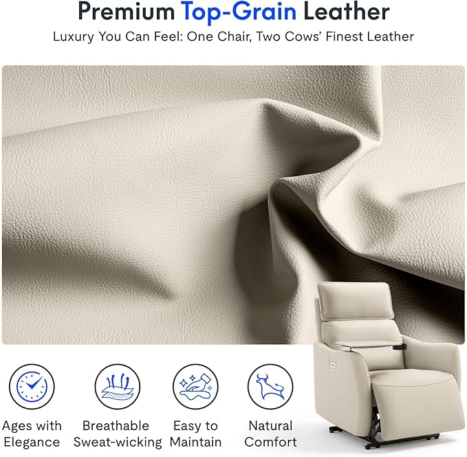 FLEXISPOT Lune Genuine Leather Power Recliner Chair with Tray Table & Adjustable Headrest, Real Leather Electric Recliner with USB & Type-C Charging Ports, Luxury Single Sofa for Living Room, Ceramic