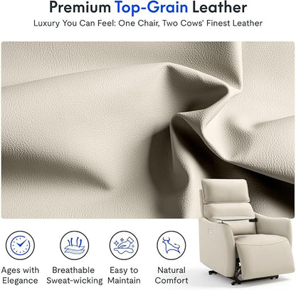 FLEXISPOT Lune Genuine Leather Power Recliner Chair with Tray Table & Adjustable Headrest, Real Leather Electric Recliner with USB & Type-C Charging Ports, Luxury Single Sofa for Living Room, Ceramic