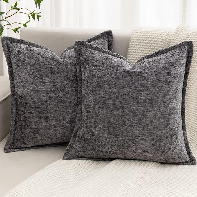 Grey Decorative Throw Pillow Covers 26x26 Inch Set of 2 Cozy Soild Chenille Cushion Cases Soft Textured Square Couch Pillows Cover Boho Accent Farmhouse Pillowcases for Sofa Bed
