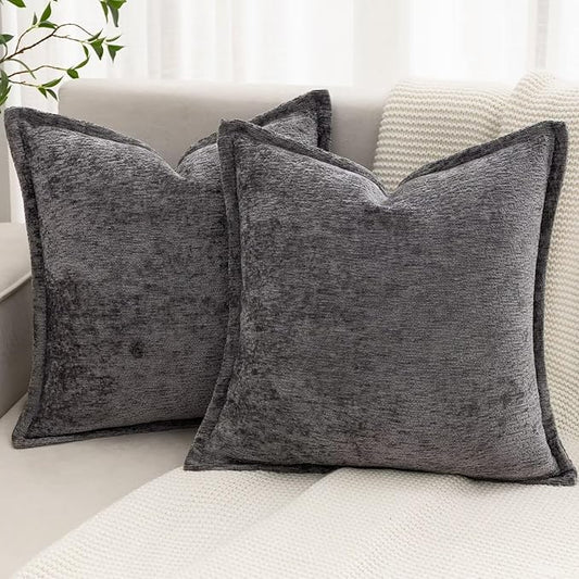 Grey Decorative Throw Pillow Covers 16x16 Inch Set of 2 Cozy Soild Chenille Cushion Cases Soft Textured Square Couch Pillows Cover Boho Accent Farmhouse Pillowcases for Sofa Bed