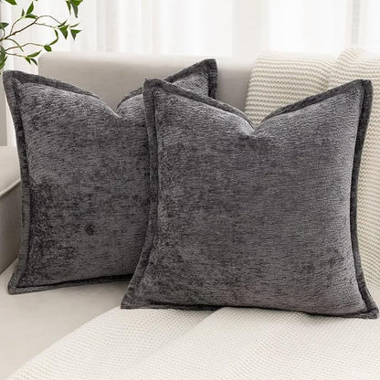 Grey Decorative Throw Pillow Covers 24x24 Inch Set of 2 Cozy Soild Chenille Cushion Cases Soft Textured Square Couch Pillows Cover Boho Accent Farmhouse Pillowcases for Sofa Bed