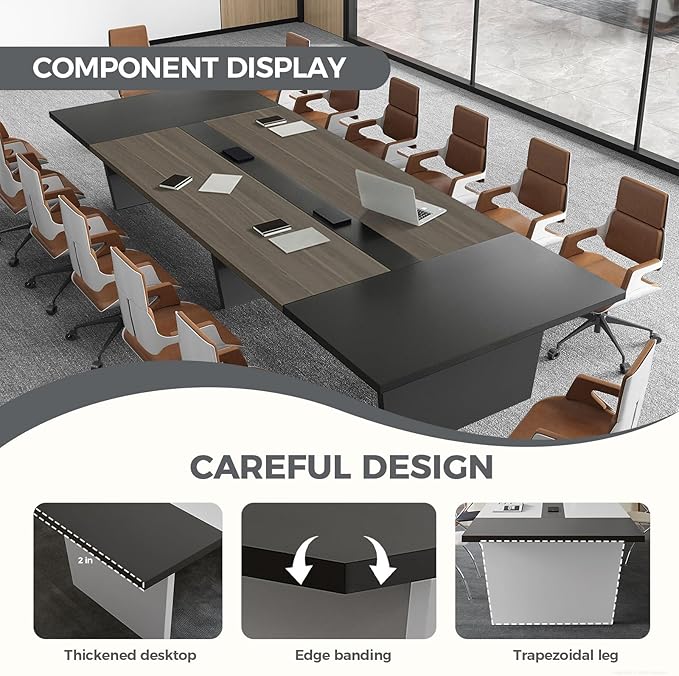 Modern Conference Table with Cable Management, Thickened Top & Trapezoidal Legs – Office Meeting Table for Executive Workspaces (Oak+Gray, 95" L