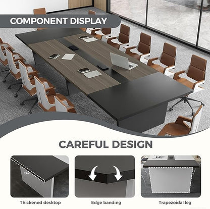 Modern Conference Table with Cable Management, Thickened Top & Trapezoidal Legs – Office Meeting Table for Executive Workspaces (Oak+Gray, 138" L