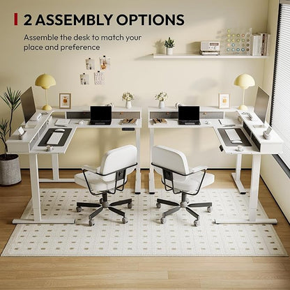 SANODESK 71" L Shaped Standing Desk with 4 Drawers, Height Adjustable Stand up Desk, Corner Gaming Desk with Monitor Stand, White Frame/White Top