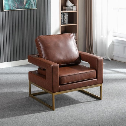 Modern Accent Chair Set of 2, PU Leather Upholstered Side Chair with Backrest, Comfy Armchair Side Chair with Golden Metal Base for Living Room Reception Room, Brown