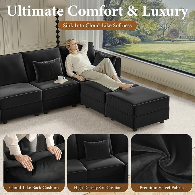 Vesgantti Sectional Couches with Storage Seats, 118" L Shaped Convertible Modular Sectional Sofa, 4 Seat & 1 Ottoman Velvet Storage Chaises Deep Seat Couch for Living Room, Bedroom, Apartment, Black