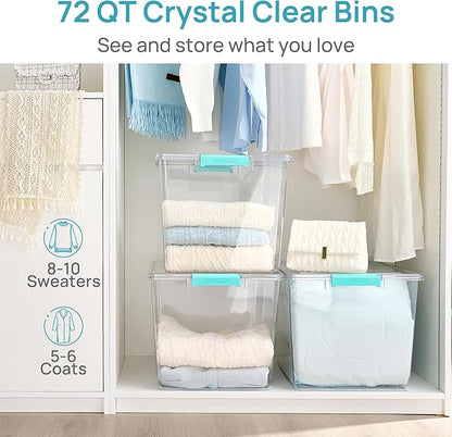 Vtopmart 1 Pack 72 QT Crystal Clear Storage Bins with Lids, 4 Pack Stackable Plastic Large Latching Boxes Totes Tubs Container for Closet Organizers and Storage, Bedroom, Clothes, Bedding