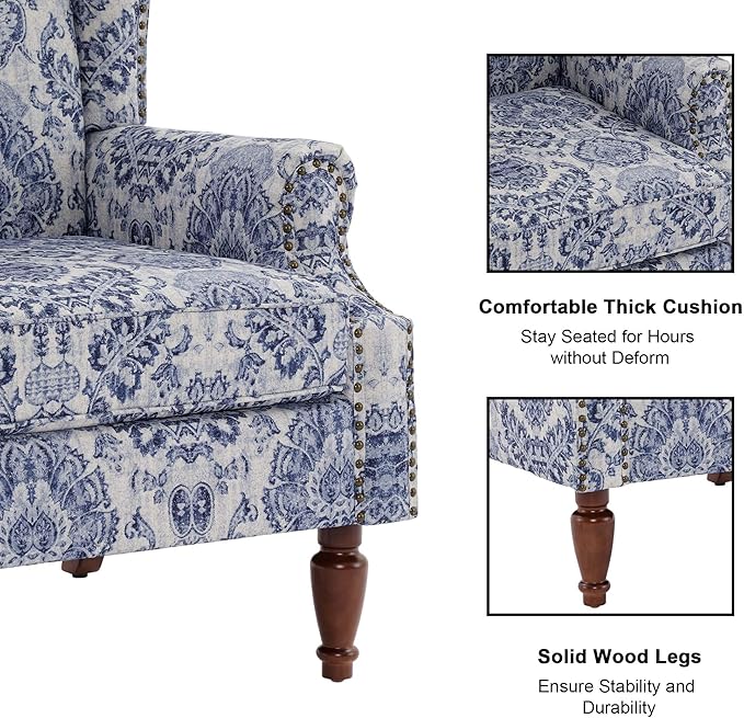 Accent Chair, Upholstered High Back Floral Armchair with Nailhead Trim & Wood Legs, Comfy Wingback Reading Single Sofa Chair for Small Spaces, Living Room, Bedroom ( Navy Blue Floral, Set of 1)