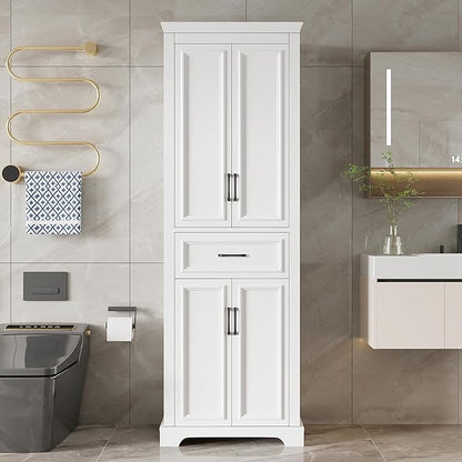 Tall Freestanding Storage Cabinet with 4 Doors & One Drawer, Multi-Purpose Organizer with Adjustable Shelf for Bathroom, Office, Living Room, White