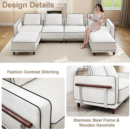 146" 4 Seater Cloud Couch with 2 Ottoman,Modular Sectional U Shaped Sofa with Armrests Wooden Legs,Oversized Deep Seat Comfy Thicked Cushion Upholstered Sofa for Living Room Bedroom,White