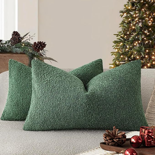 Foindtower Pack of 2 Textured Boucle Throw Pillow Covers Accent Solid Decorative Lumbar Pillow Cases Soft Couch Cushion Case for Chair Sofa Bedroom Living Room Home Decor 12x20 Inch Pine Green