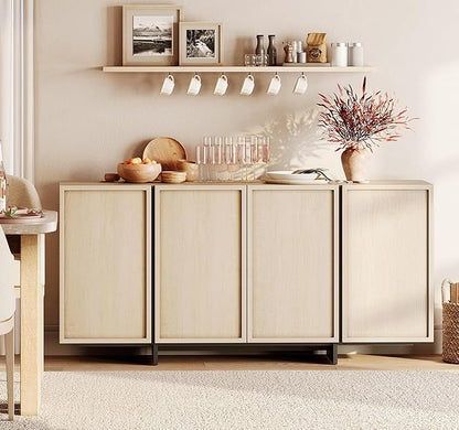 WAMPAT Modern Sideboard Buffet Cabinet with 4 Doors, Multifunctional Sideboard with Large Storage and T-Shaped Legs, Coffee Bar Cabinet Storage Cabinet for Kitchen, Living Room, Light Oak