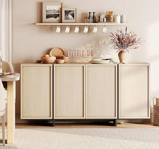WAMPAT Modern Sideboard Buffet Cabinet with 4 Doors, Multifunctional Sideboard with Large Storage and T-Shaped Legs, Coffee Bar Cabinet Storage Cabinet for Kitchen, Living Room, Light Oak