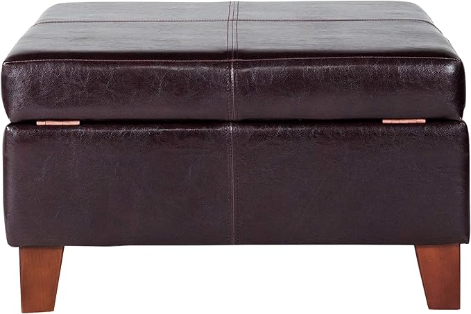 HomePop Faux Leather Square Storage Ottoman with Wood Legs, Distressed Brown