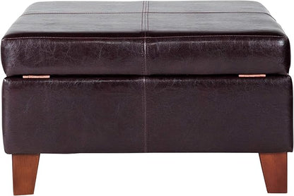 HomePop Faux Leather Square Storage Ottoman with Wood Legs, Distressed Brown