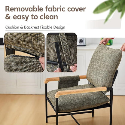 CLIPOP Modern Accent Chair, Modica Fabric Comfy Reading Chair with Wood Arms, Removable Cover, Side Pocket, Soft Cushion, Leisure Living Room Armchair for Bedroom, Home Office, Green
