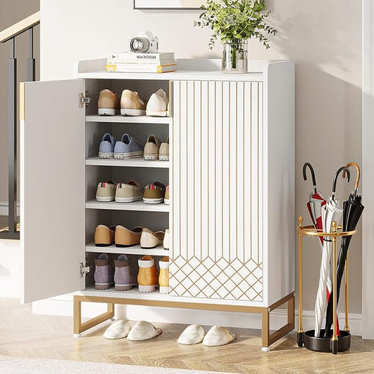 Tribesigns Shoe Cabinet with Doors, 5 Tiers Shoe Storage Cabinet for Entryway, 25 Pairs Wooden Shoe Cabinets, Modern Shoe Organizer Storage for Living Room, Bedroom, Hallway, Closet, White
