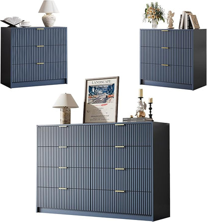 3-Piece Dresser Bedroom Set, 8 Drawer Dresser & 3 Drawer Nightstands with Gold Handles, Fluted Wood Chest of Drawers for Bedroom, Living Room, Entryway, Navy Blue