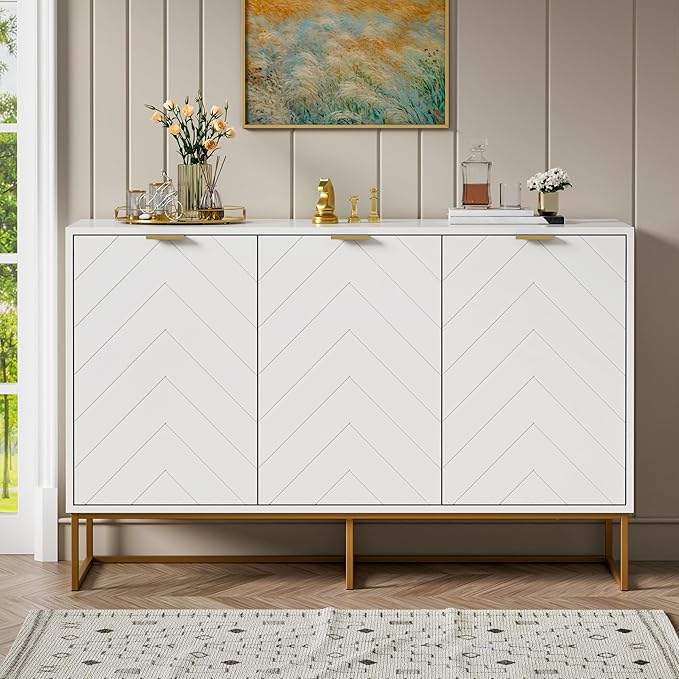 Scurrty Sideboard Buffet Cabinet with Adjustable Shelf, Storage Buffet with 3 Doors (White)