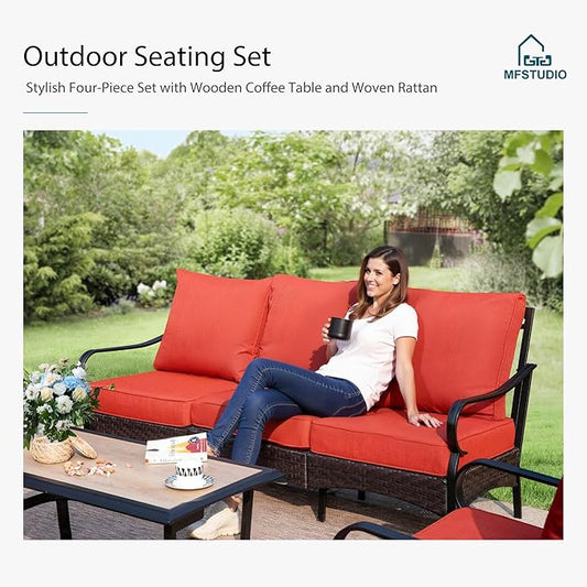 MFSTUDIO 4 Pieces Outdoor Patio Furniture Set, Metal Outdoor Conversation Set, Rattan Wicker Patio Sectional Sofa Set with 2 x Rocking Single Sofa, 3-Seat Sofa, 1 x Coffee Table, Red