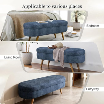 Storage Ottoman Bench 43" Storage Bench for Bedroom, Upholstered Soft Boucle Fabric End of Bed with Safety Hinge Solid Wood Legs Foot Stool Benches for Hallway,Closet,Oval, Entryway, Dark Blue
