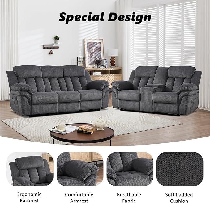 CANMOV Recliner Sofa Set, Manual Recliner Loveseat and 3-Seat Sofa with Overstuffed Armrest for Living Room,Bedroom Furniture,Office,2+3 Seat Grey