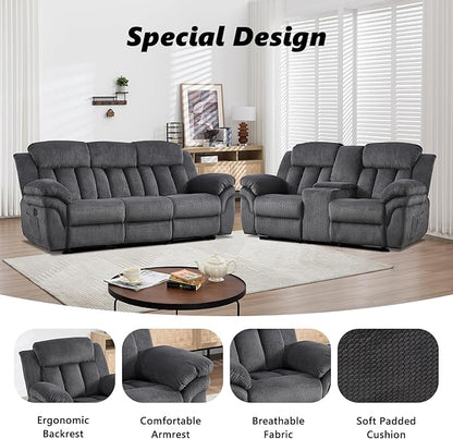 CANMOV Recliner Sofa Set, Manual Recliner Loveseat and 3-Seat Sofa with Overstuffed Armrest for Living Room,Bedroom Furniture,Office,2+3 Seat Grey