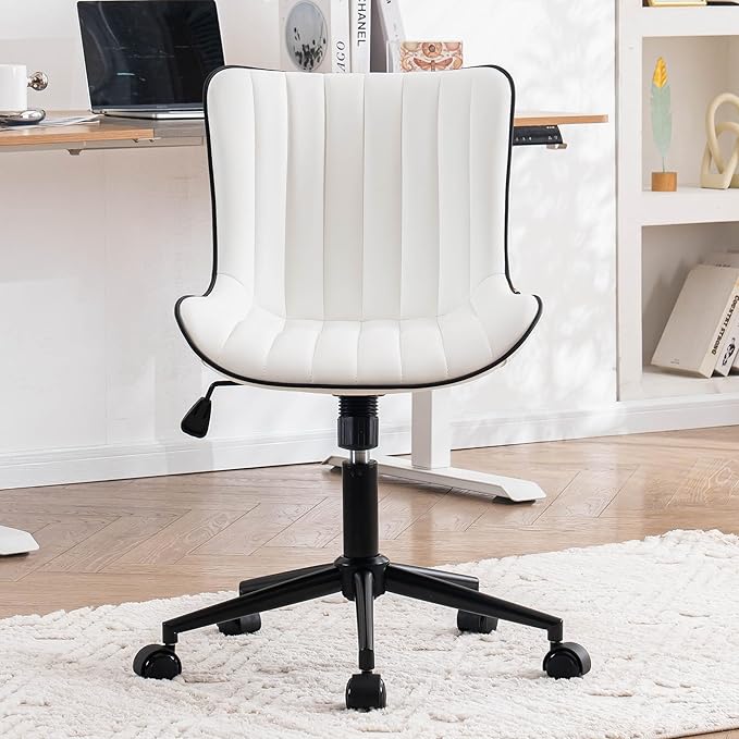 YOUNIKE Home Office Desk Chair with Wheels Armless Vanity Chair with Back Comfy Modern Leather Upholstered Rolling Task Chair Swivel Small Cute Computer Chair No Arms Wide Adjustable Ergonomic White