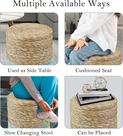 Wimarsbon Ottoman Poof, Natural Seagrass Poufs, Hand Weave Round Footstool, Pouffe Accent Chair, Sitting Braided Footrest W/Jute Cover, Outdoor Ottoman, for Living Room, Bedroom