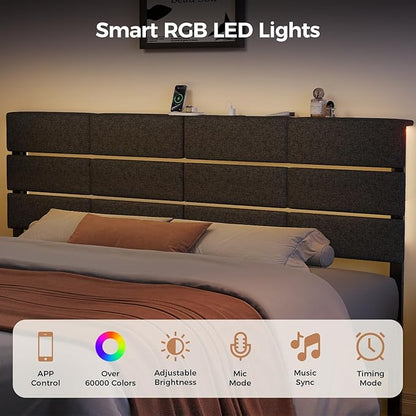 King/Cal King Size Upholstered Headboard, Adjustable Head Boards with LED Light & Charging Station, Bed Headboard Only, Attach Frame, Ideal for Bedroom, Dorm, Guest Room, Dark Grey