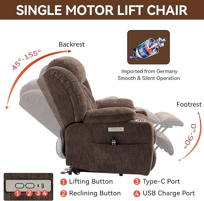 Power Lift Recliner Chair, 350lb Capacity with 8-Point Massage & Heating, USB/Type-C Ports & Cup Holders, Heavy Duty Chenille Recliner for Elderly, Brown