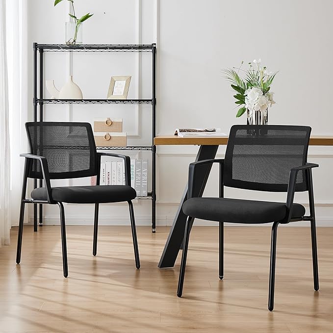 DUMOS Black Stackable Arm Chairs with Mesh Back and Upholstered Fabric, Sturdy Metal Frame, Easy to Store and Use, Perfect for Indoor and Outdoor Spaces, 2 Chair