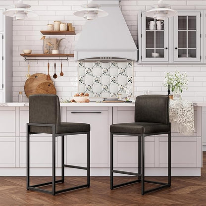 ALPHA HOME 24 Inch Bar Stools Set of 2, Kitchen Counter Stools with Backs, PU Leather Barstools, Kitchen Stools with Back&Upholstered Footrest, Sturdy Chromed Metal Steel Frame, Grey