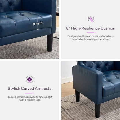 TYBOATLE Accent Chair Comfy Living Room Chair Leather Tufted Mid Century Modern Accent Chair, Small Cozy Reading Arm Chair for Office, Bedroom (1, Blue)