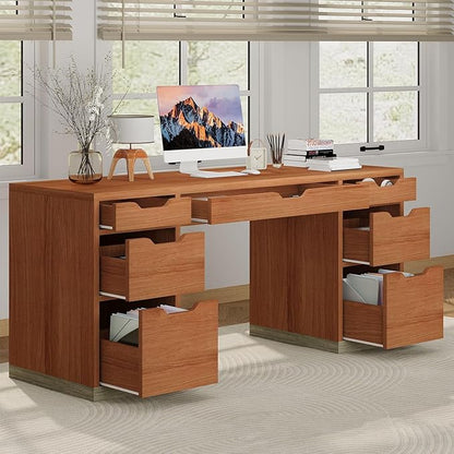 54 Inch Executive Desk with Drawers, Computer Desk with 7 Drawers for Bedroom, Office Desk with File Cabinet for Work Study Writing, Small Spaces, Brown