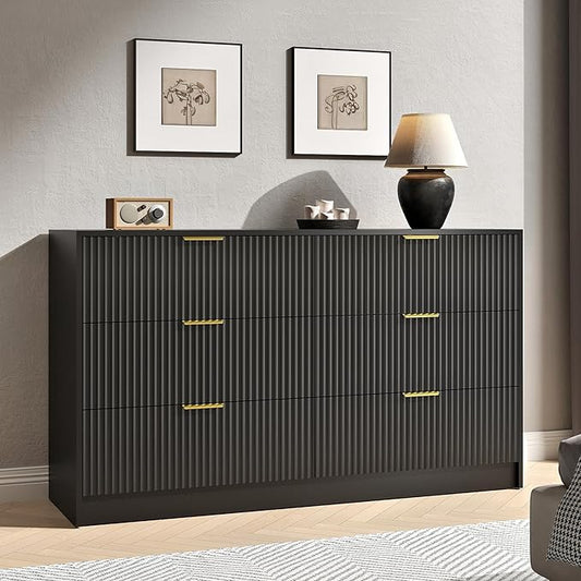 Black Dresser with 6 Deep Drawers, 55” Wide Fluted Dresser for Bedroom with Gold Handle, Modern Chest of Drawer for Closet, Bedroom, Living Room, Black