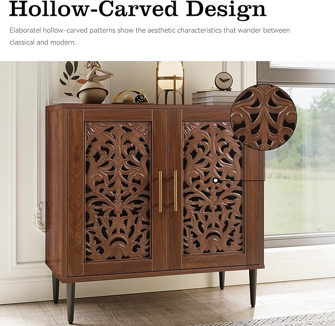 ARTPOWER Accent Cabinet with 2 Doors, Vintage Hollow Carving Buffet Cabinet, Sideboards and Buffets with Storage, Credenza for Living Room, Kitchen, Dining Room, Entryway, Hallway, Walnut
