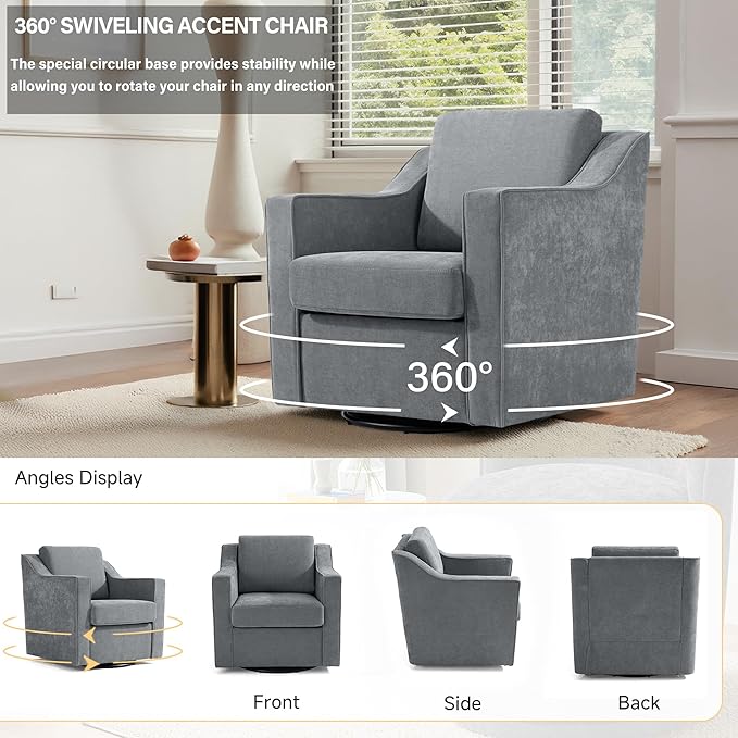 UIXE Swivel Accent Chair, Chenille Fabric Upholstered Arm Chair for Living Room, Modern Club Armchair Comfy Single Sofa Bedroom Reading Seat with Lumbar Pillow - Gray