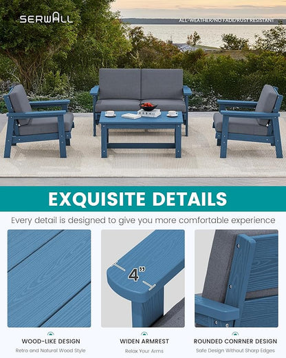 SERWALL 4 Piece HDPE Outdoor Furniture Set, All Weather Wood-Like Outdoor Sofa Sectional Couch, Blue Patio Furniture Set with Grey Cushions
