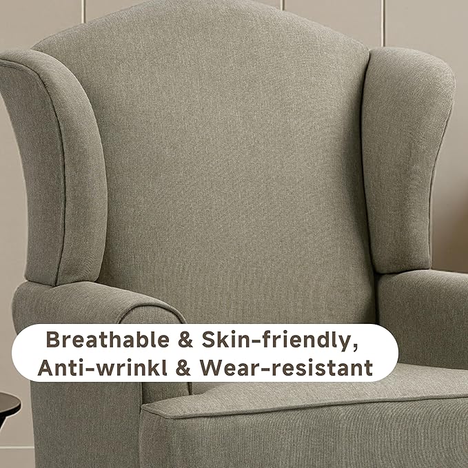 Pia Ricco Set of 2 High Back Accent Chairs: Upholstered Fabric Armchairs with Solid Wood Legs - Retro Living Room Pair, Comfy Reading Sofa Seats-Moss Grey
